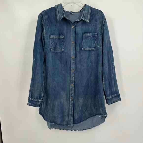 Lara Fashion Womens Denim Shirt L Chambray Button Front Utility Casual Boho - Picture 1 of 8
